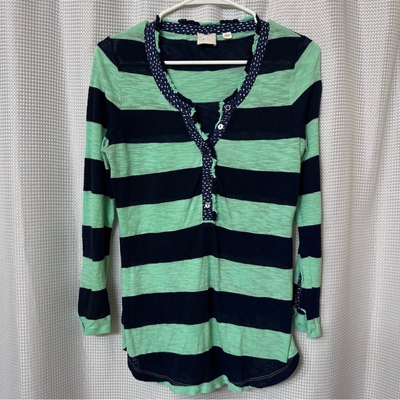 Anthropologie • Green & Navy Striped Henley Top • Size S - Picture 5 of 8